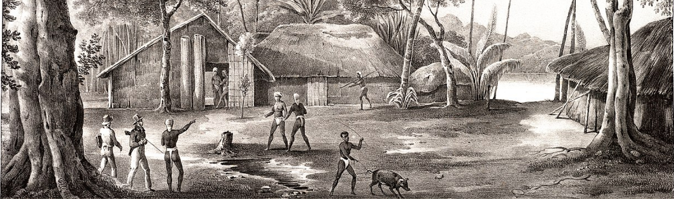 Village de Manevai, Vanikoro, 1833. Expédition de Jules Dumont d'Urville.