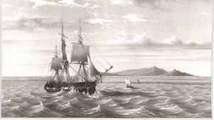 La corvette L'Astrolabe en vue de Vanikoro, 1833, expédition Dumont d'Urville.
