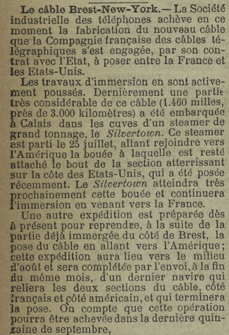 La Dépêche de Brest 6 aout 1897 cable transatlantique
